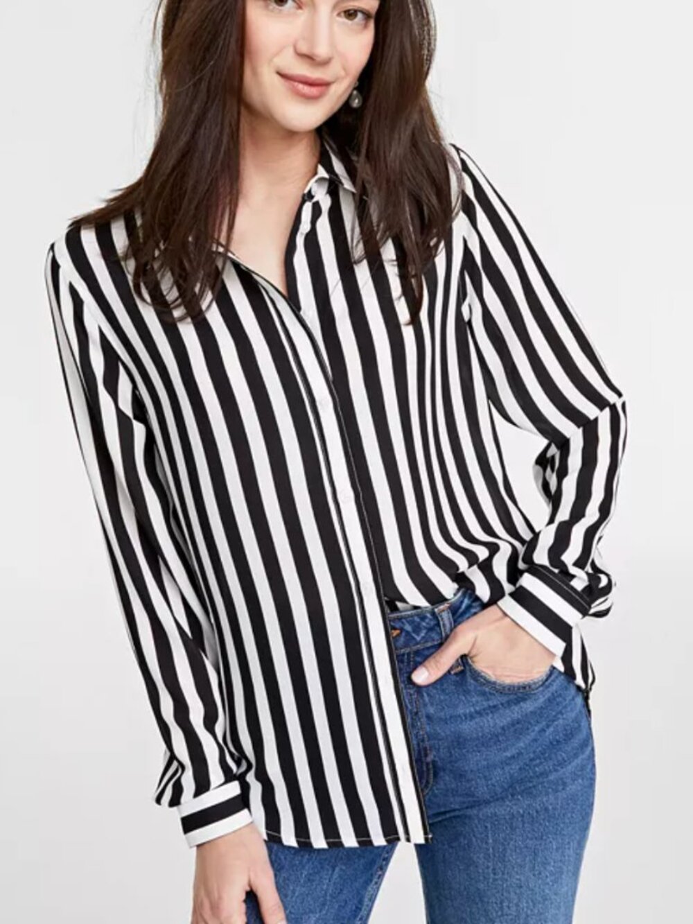 On 34th Long Sleeve Button Front Black and White Striped Crepe Shirt